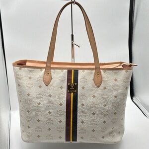 MCM Cream and Brown Tote with Stripe Detail